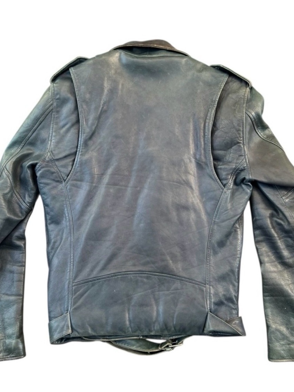 Men's Blue Leather Biker Jacket - Classic Moto Style - Picture 6 of 10